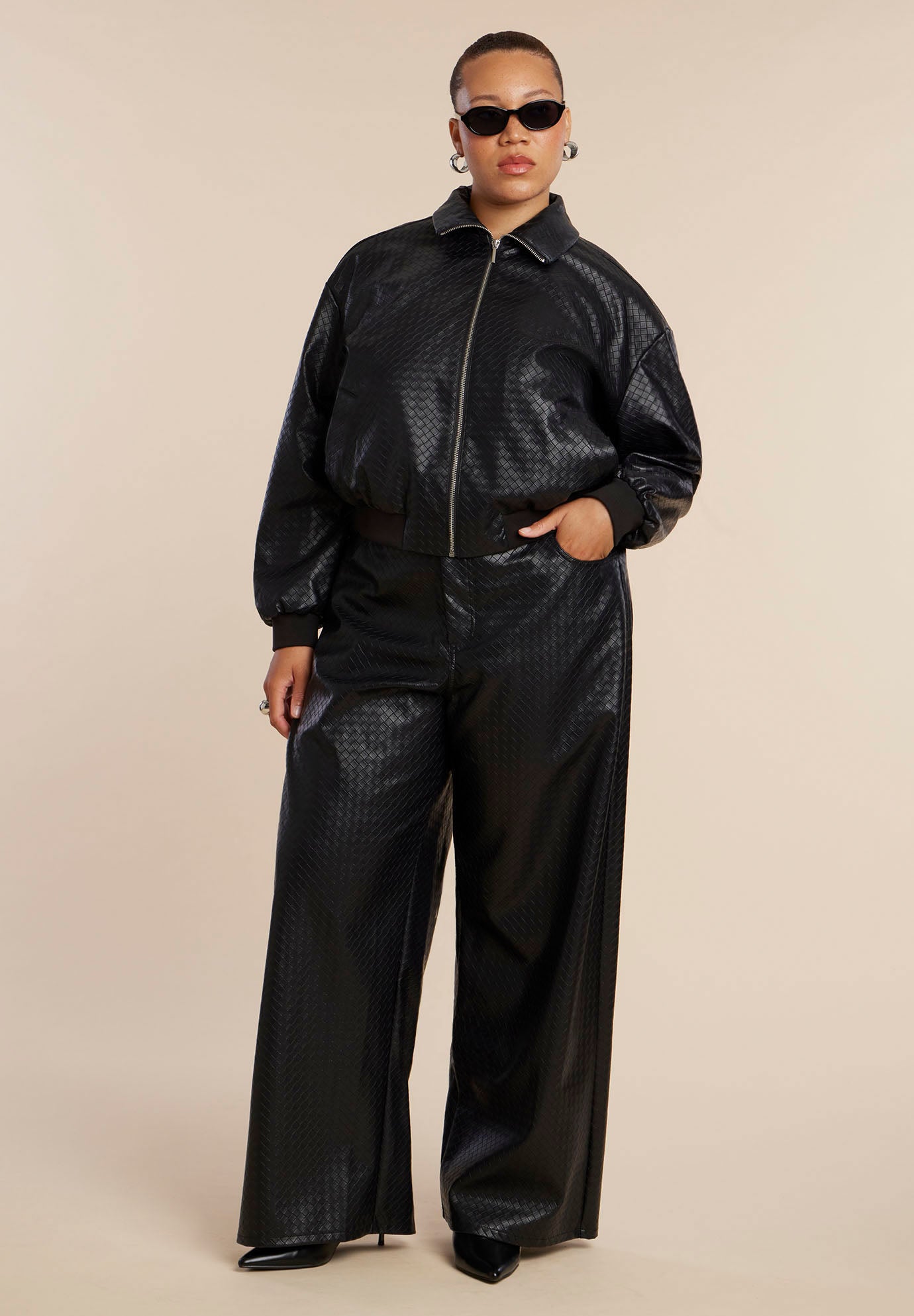 Basket Weave Faux Leather Bomber Jacket image number 5