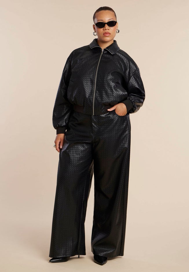 Basket Weave Faux Leather Bomber Jacket image number 5