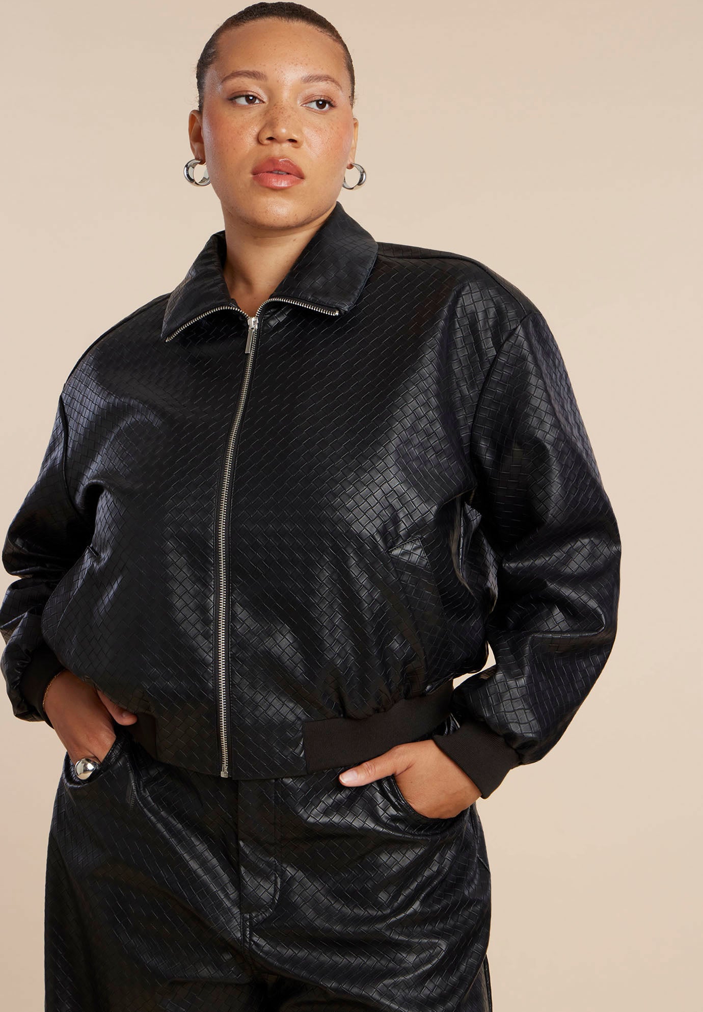 Basket Weave Faux Leather Bomber Jacket image number 0