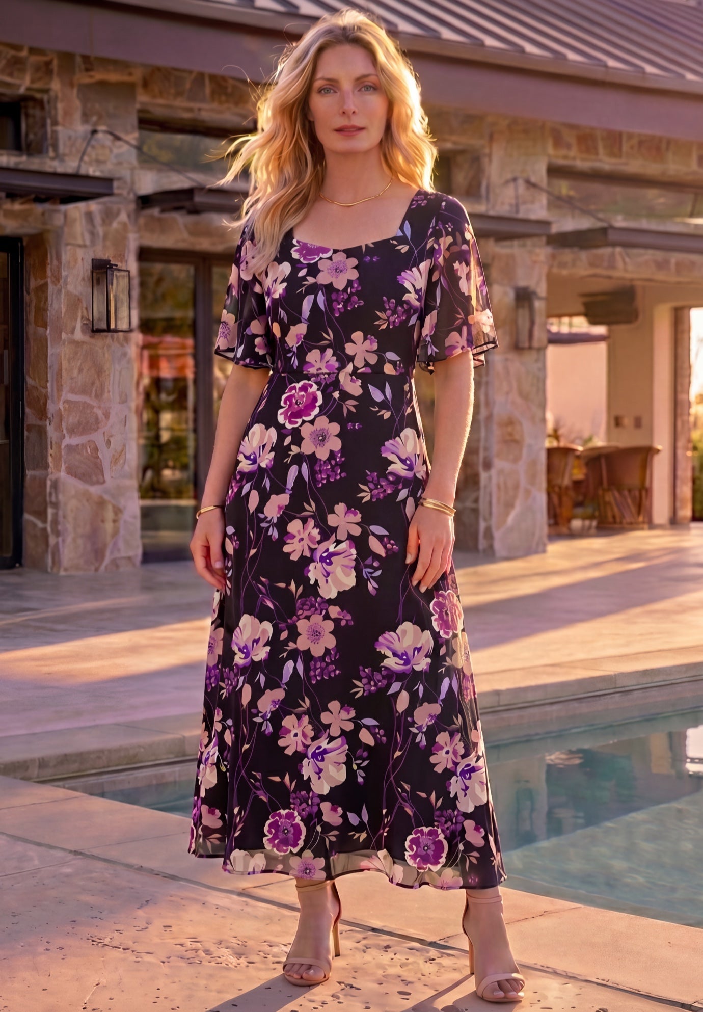 Hand-Crinkled Flutter-Sleeve Maxi Dress image number 0