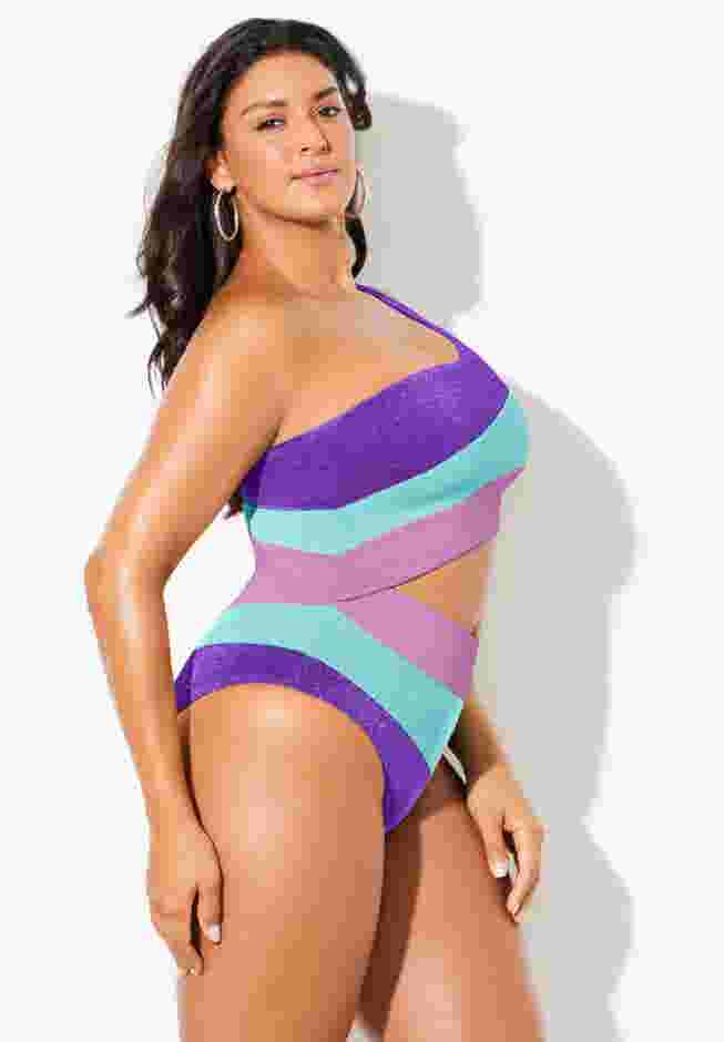 One Shoulder Color Block Cutout One Piece Swimsuit image number 2