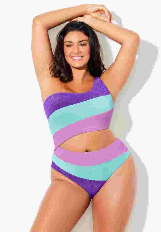 One Shoulder Color Block Cutout One Piece Swimsuit image number 3