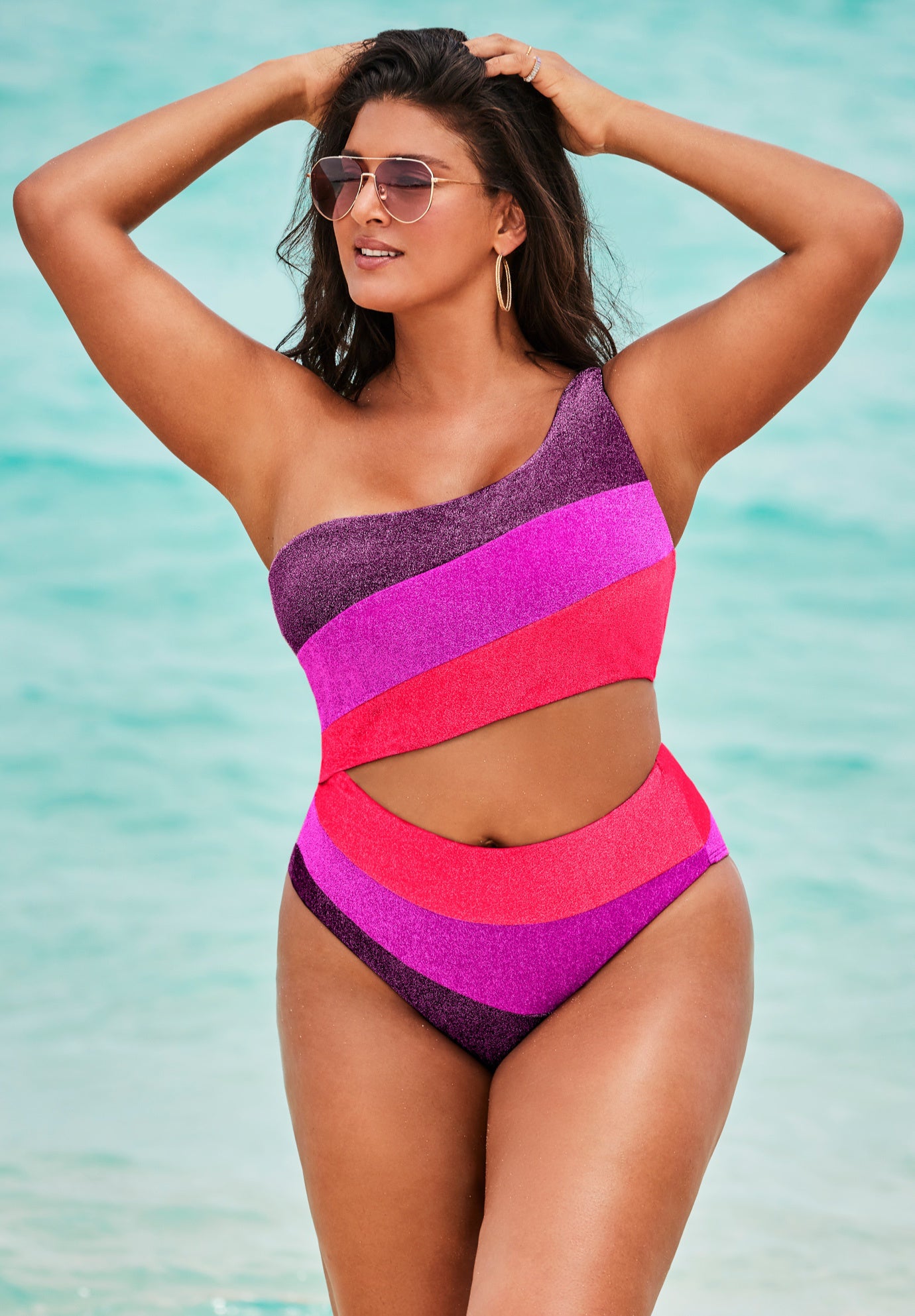 One Shoulder Color Block Cutout One Piece Swimsuit image number 0