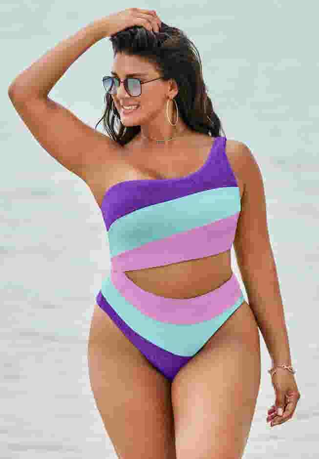 One Shoulder Color Block Cutout One Piece Swimsuit image number 0