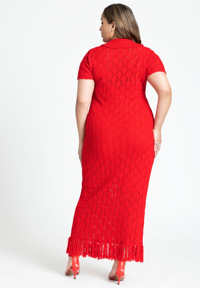 Crochet Maxi Dress With Collar & Fringe image number 1