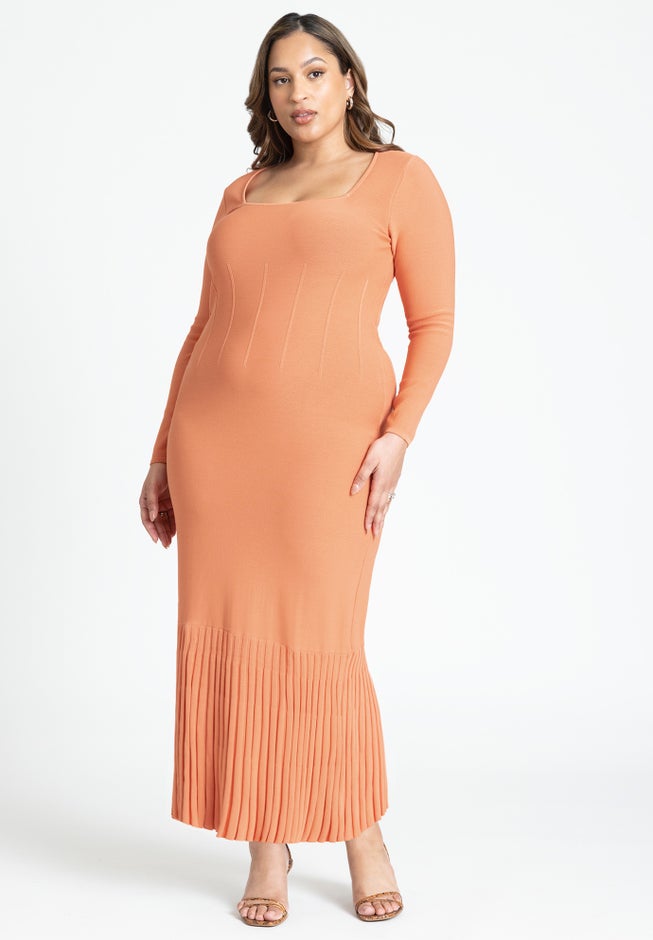 Long Sleeve Sweater Dress With Pleat Hem image number null