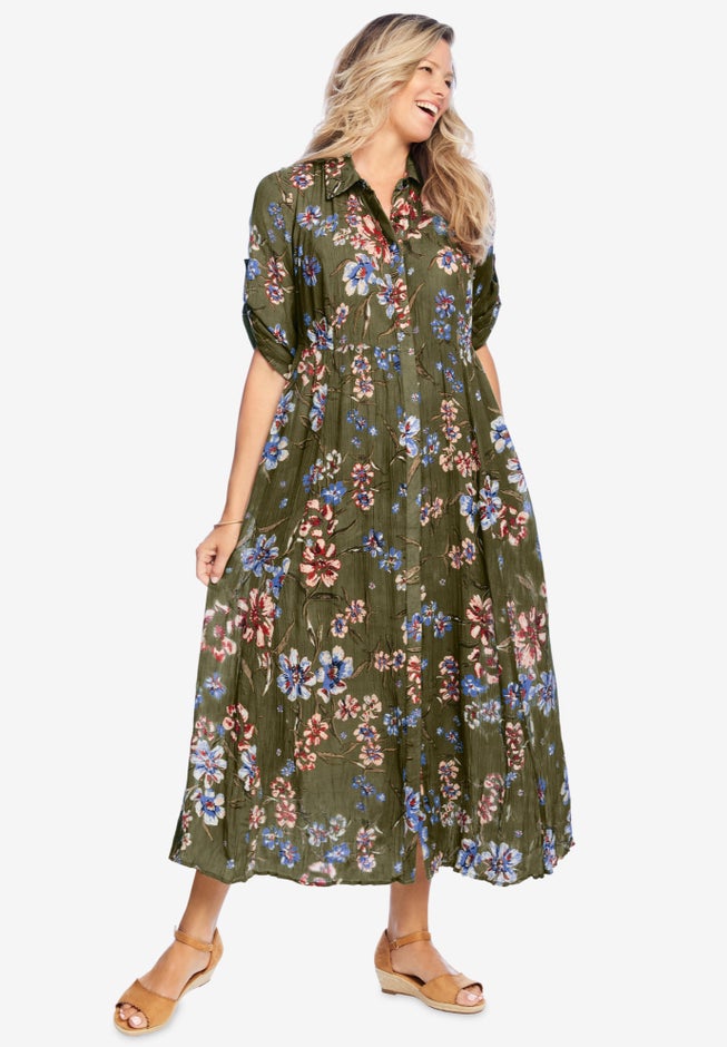 Roll-Tab Sleeve Crinkle Shirtdress image number 1
