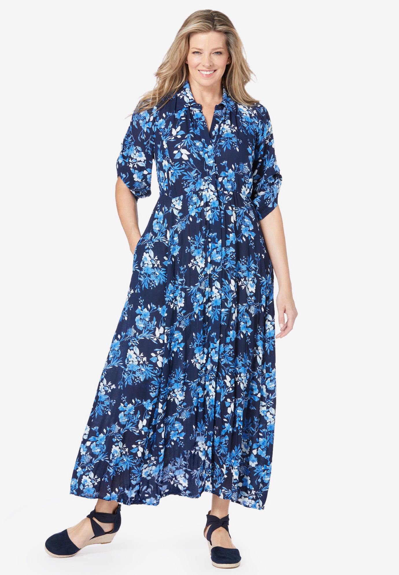 Roll-Tab Sleeve Crinkle Shirtdress image number 0