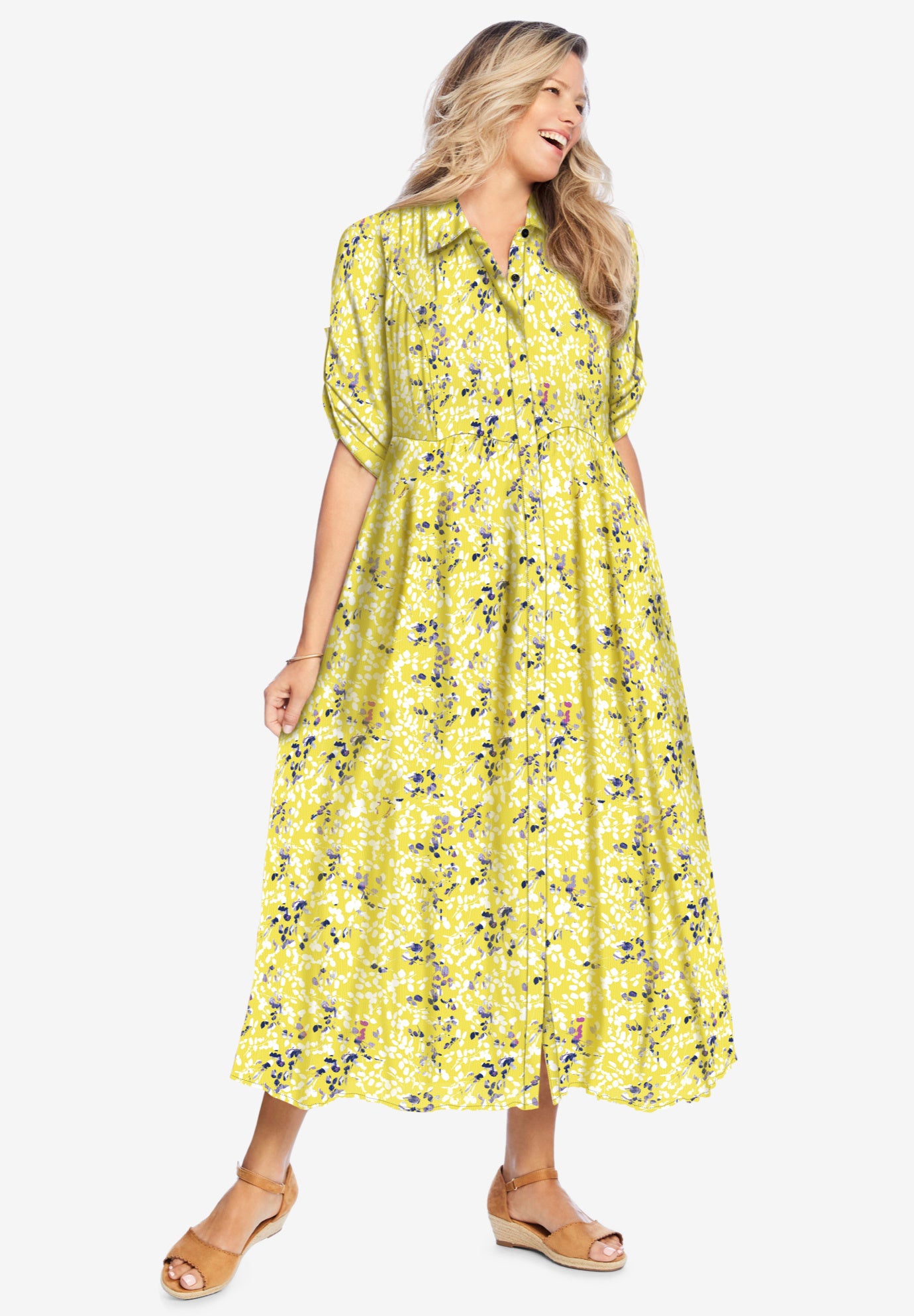 Roll-Tab Sleeve Crinkle Shirtdress image number 0