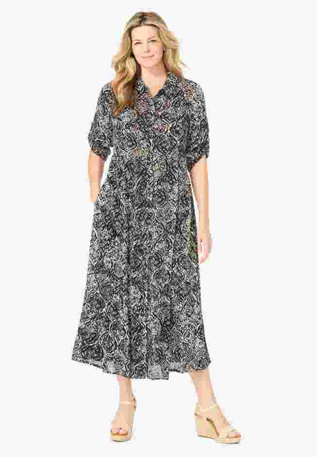 Roll-Tab Sleeve Crinkle Shirtdress image number 0
