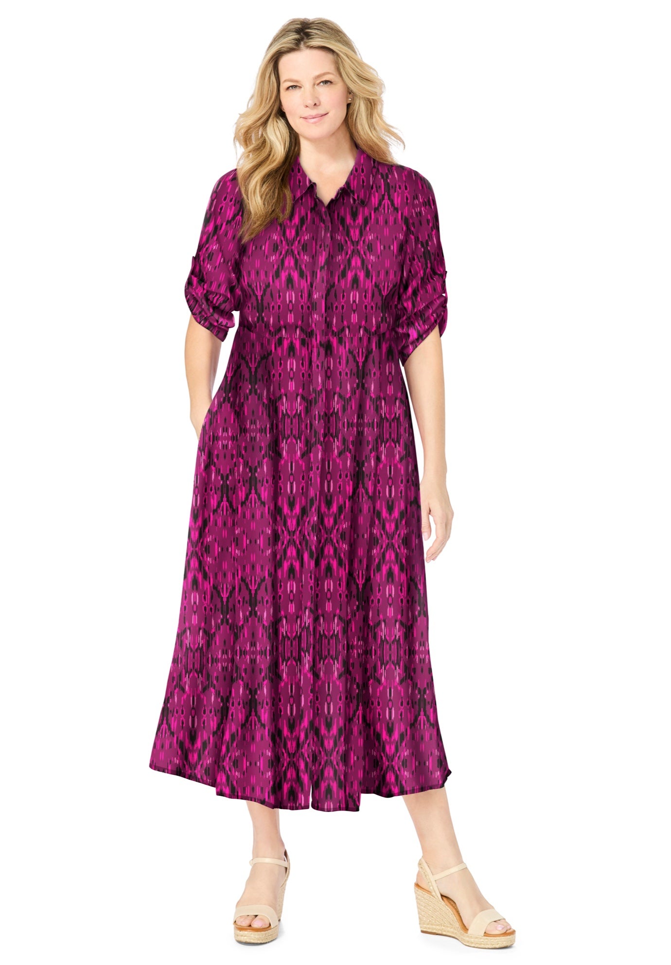Roll-Tab Sleeve Crinkle Shirtdress image number 1