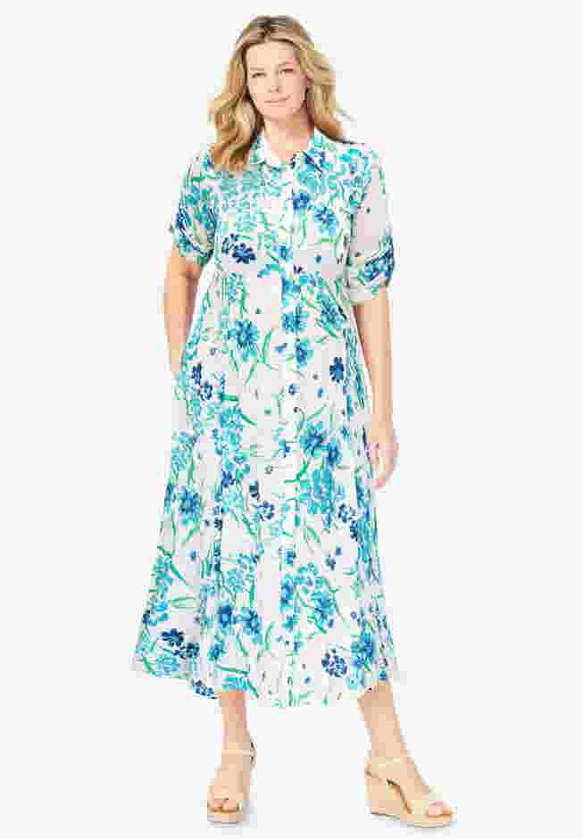 Roll-Tab Sleeve Crinkle Shirtdress image number 1