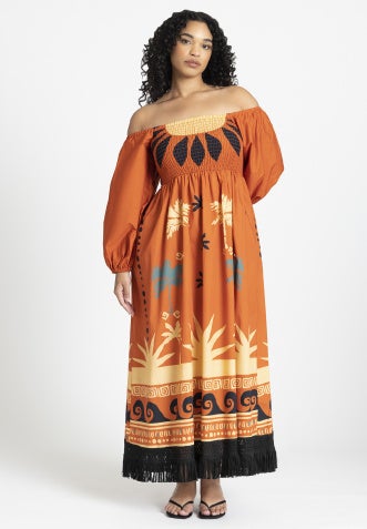 Printed Puff Sleeve Fringe Maxi image number 1