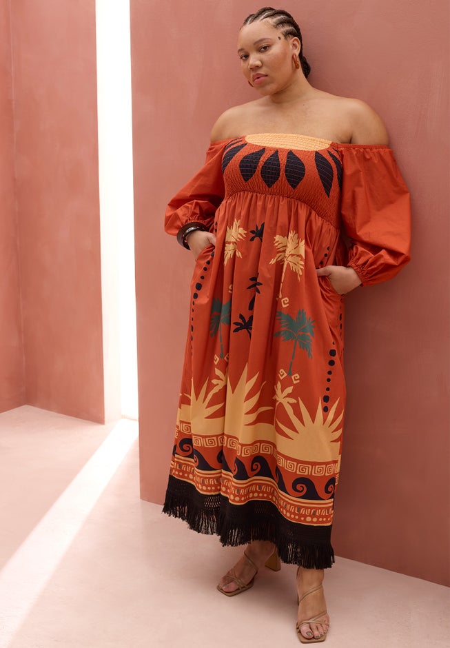 Printed Puff Sleeve Fringe Maxi image number 0