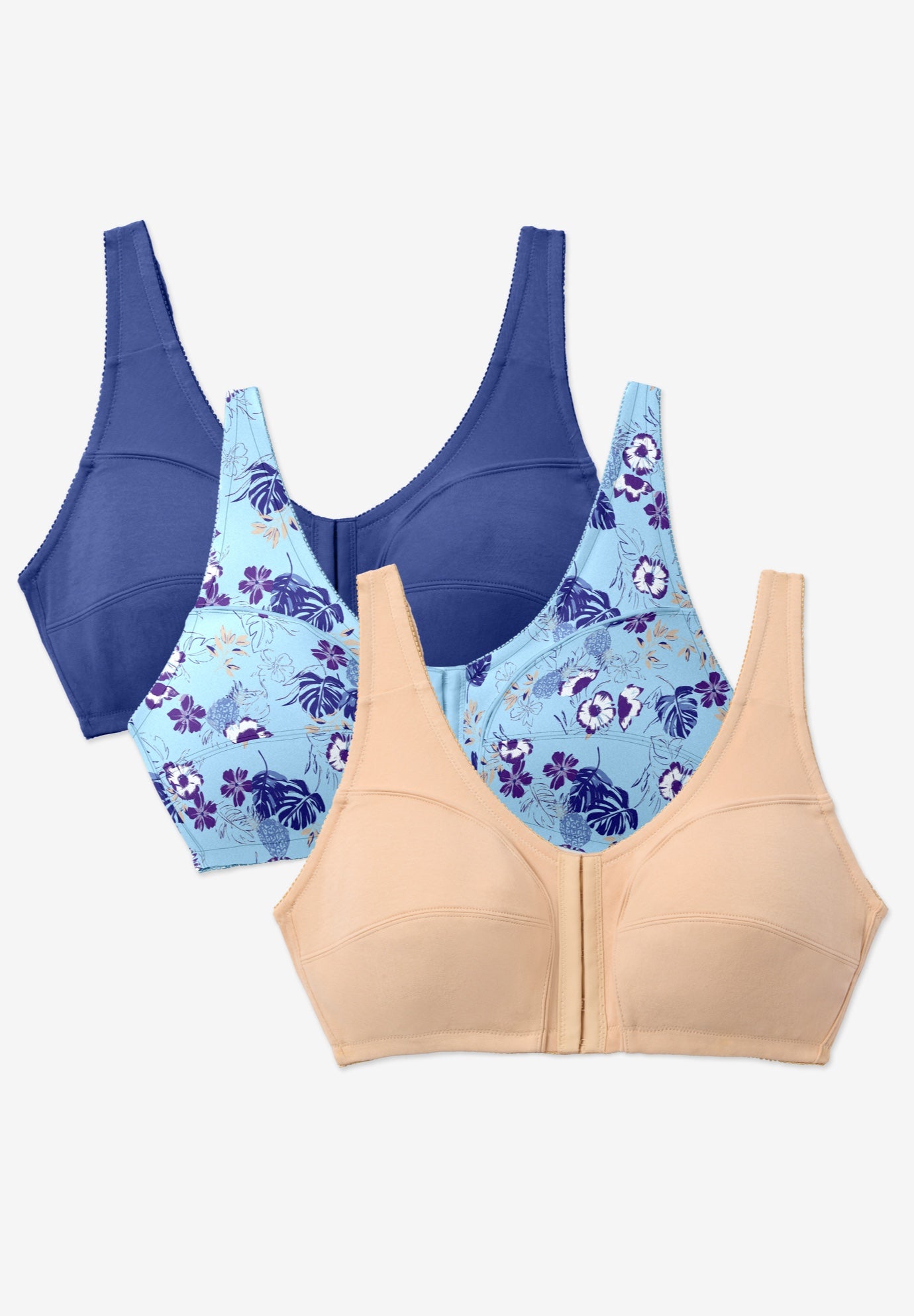 3-Pack Front-Close Cotton Wireless Bra image number 0
