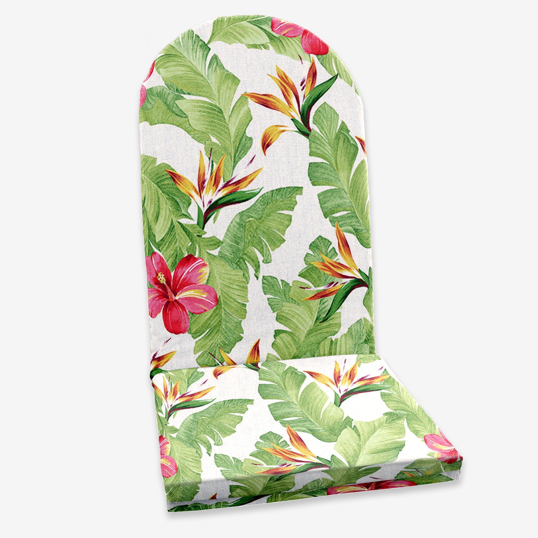Tropical print Adirondack chair cushion viewed from the side
