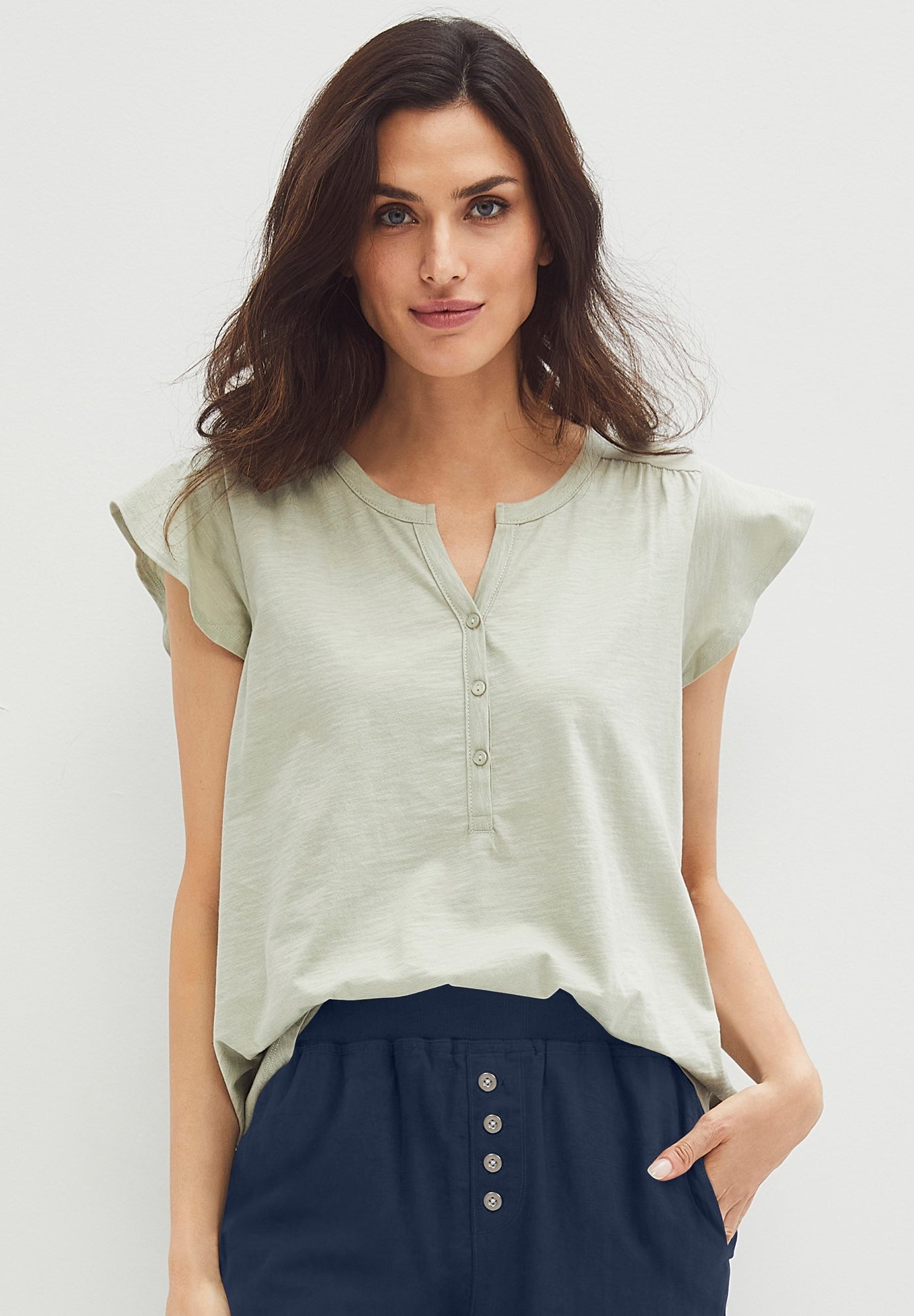 100% Cotton Slub Cap Sleeve A-Line Henley Tee image number 0