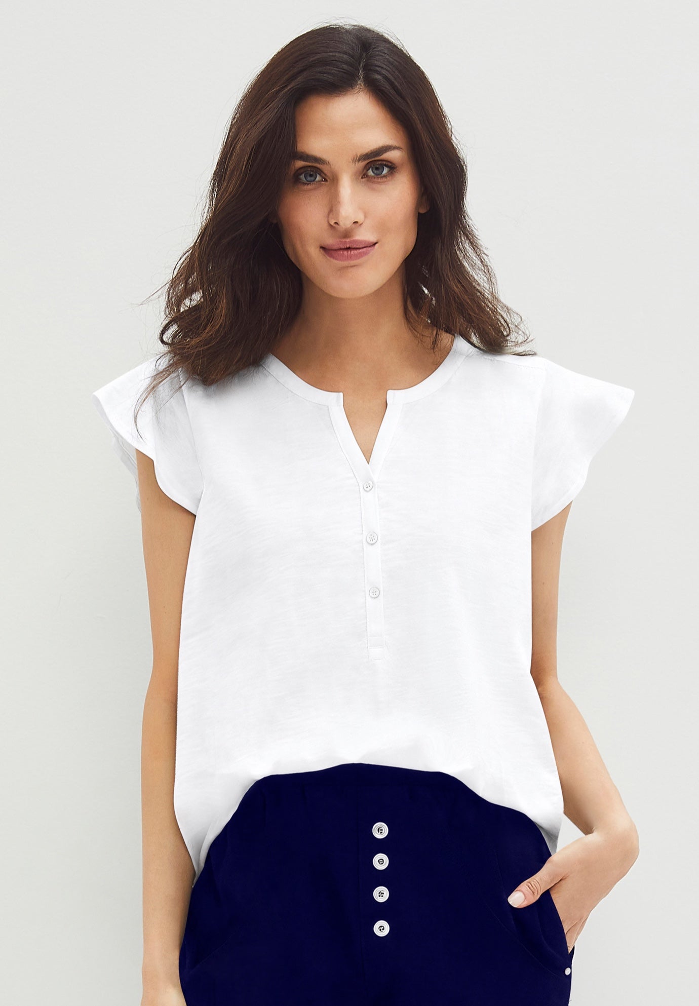 100% Cotton Slub Cap Sleeve A-Line Henley Tee image number 0