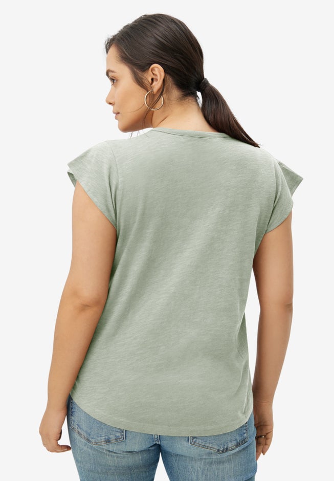 100% Cotton Slub Cap Sleeve A-Line Henley Tee image number 1