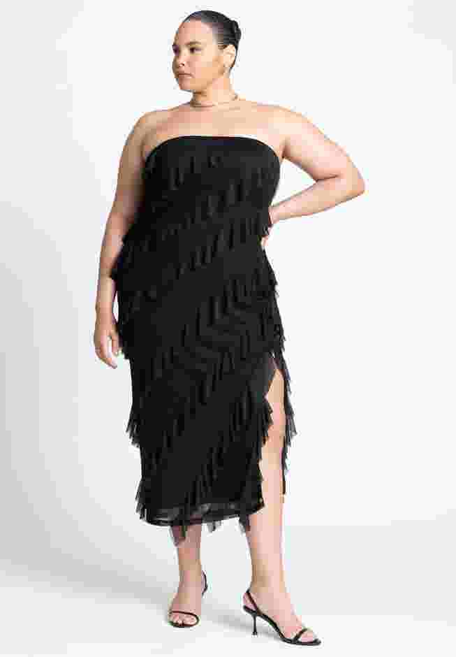 Ruffle Mesh Dress With Slit image number 0