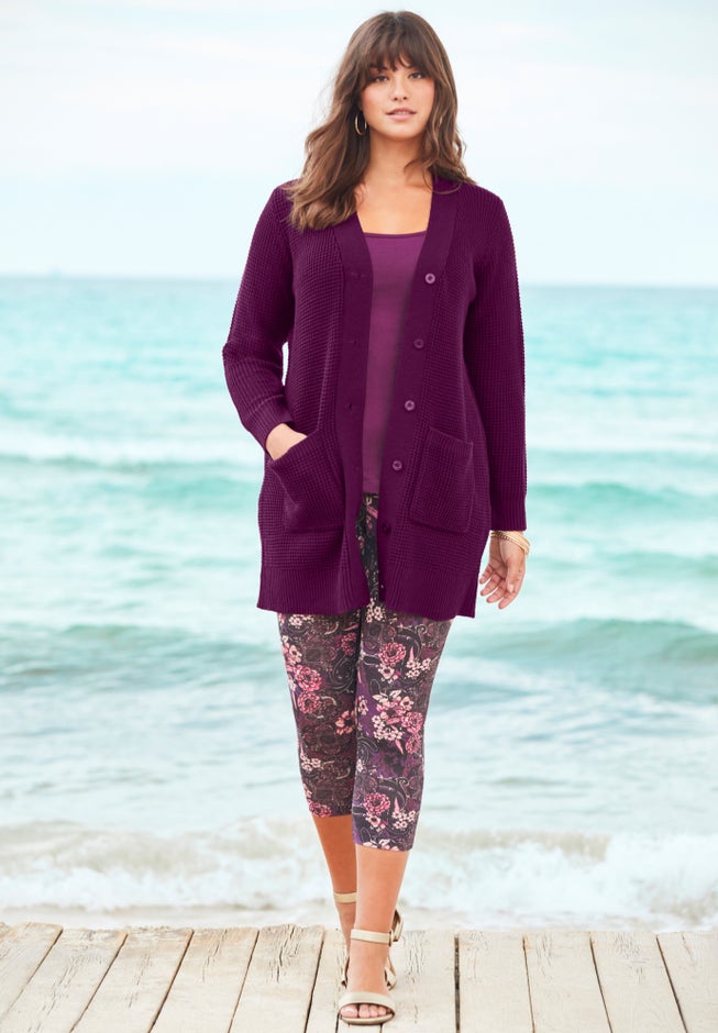 Open Front Waffle Knit Cardigan image number null