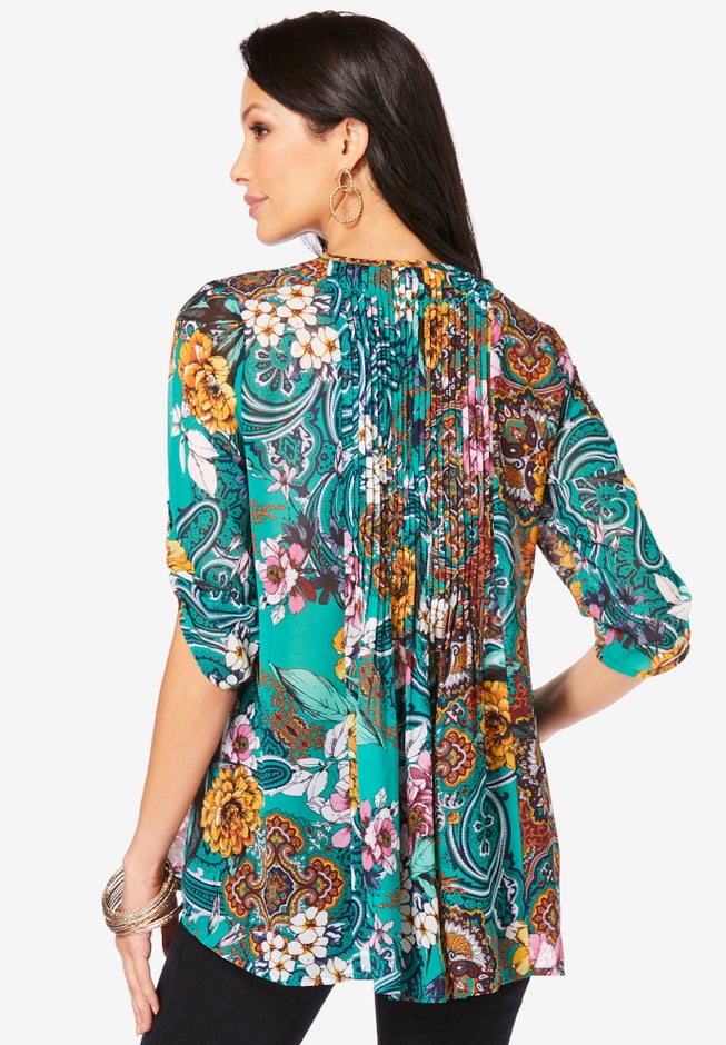 Plus Size Tara Pleated Shirt – Adjustable 3/4 Sleeve Swing Tunic with Notch Collar image number 1