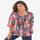 Plus Size Tara Pleated Shirt – Adjustable 3/4 Sleeve Swing Tunic with Notch Collar image number null