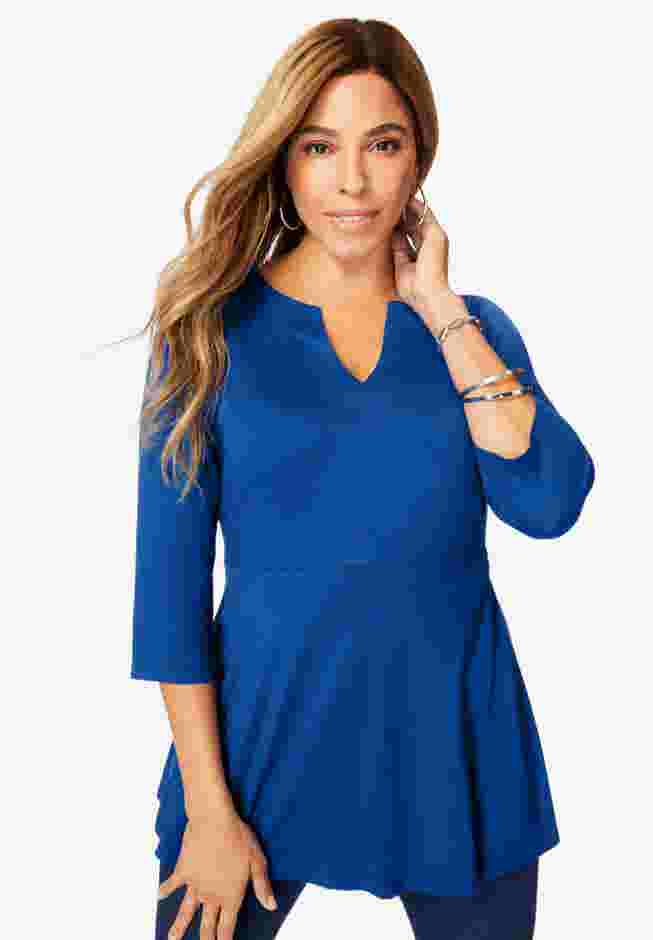 Stretch Knit Henley Notch Babydoll Tunic image number 3