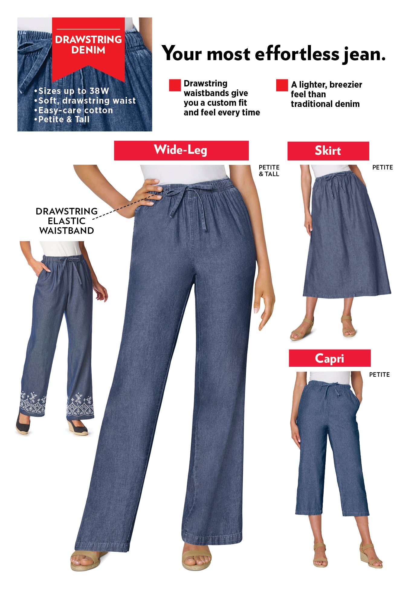 Wide-Leg Drawstring Denim Pants image number 2