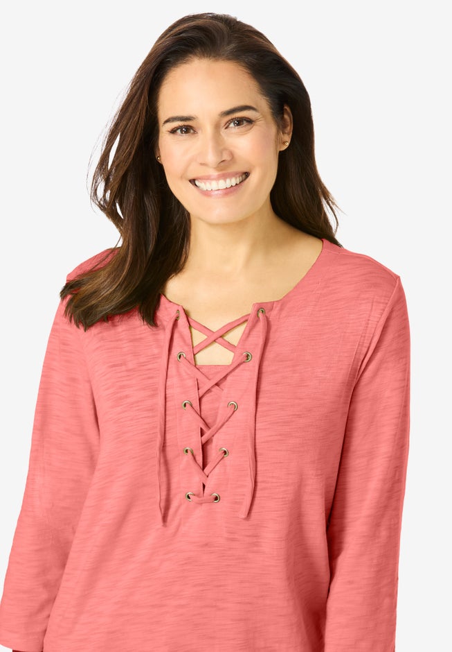 Lace-Up Three-Quarter Sleeve Tee image number 3