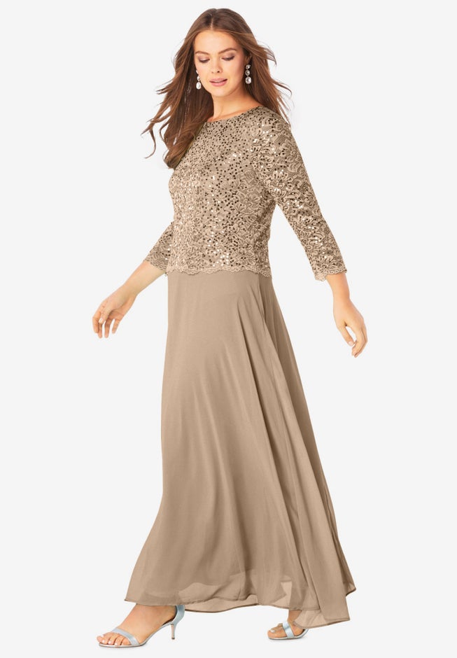 Plus Size Sparkle Lace Popover A-Line Gown with 3/4 Sleeves image number 2