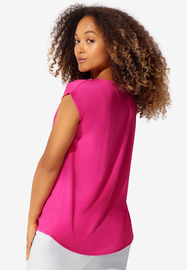 V-Neck Cap Sleeve Tee With Inverted Pleat image number 1