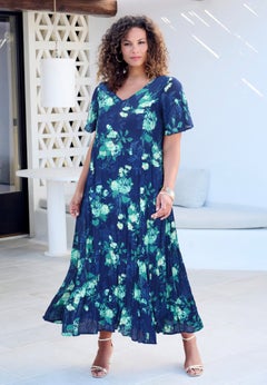 Plus Size Hand Crinkled Flutter-Sleeve Maxi Dress