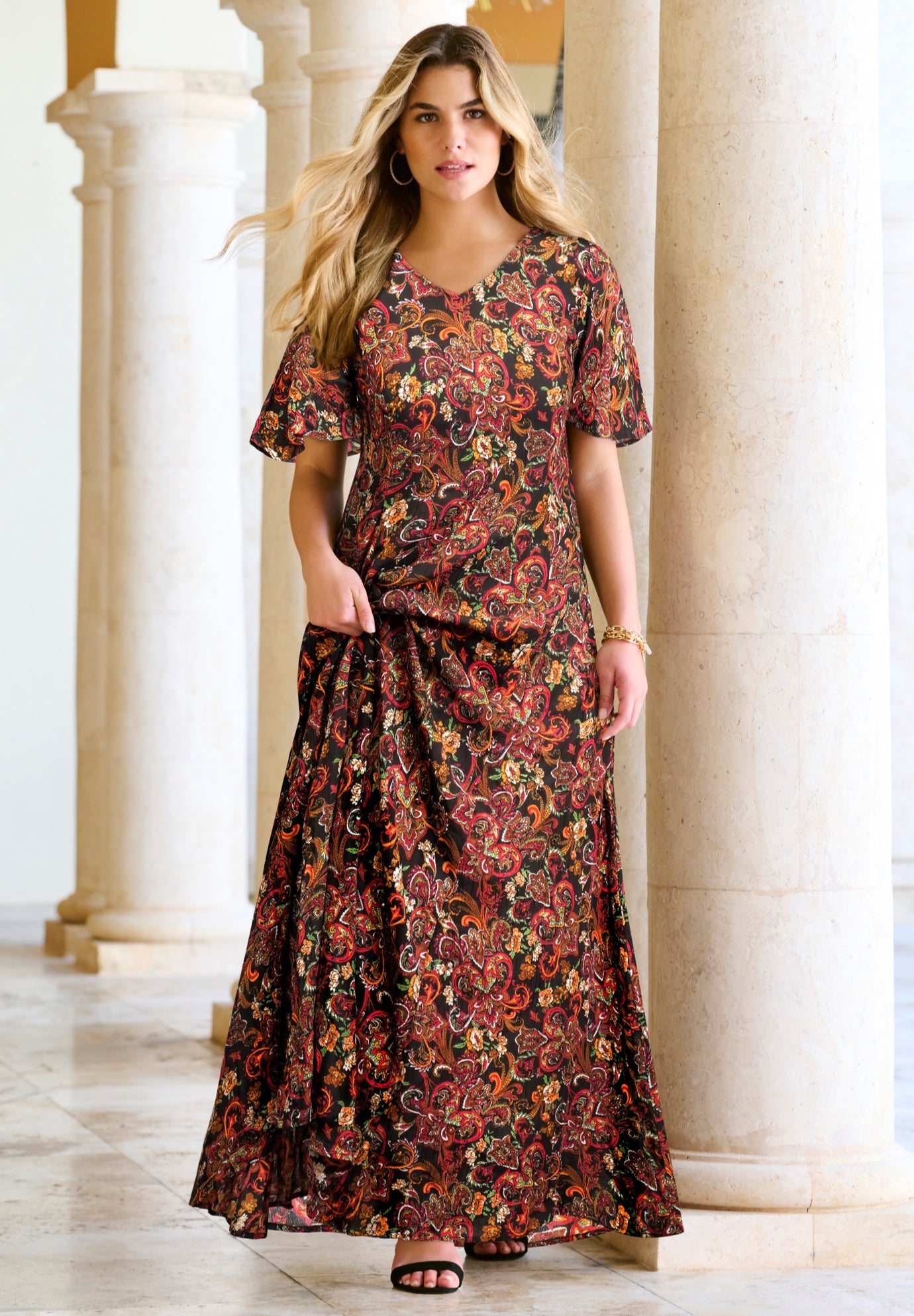 Plus Size Hand Crinkled Flutter-Sleeve Maxi Dress image number 0