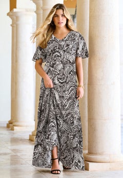 Plus Size Hand Crinkled Flutter-Sleeve Maxi Dress