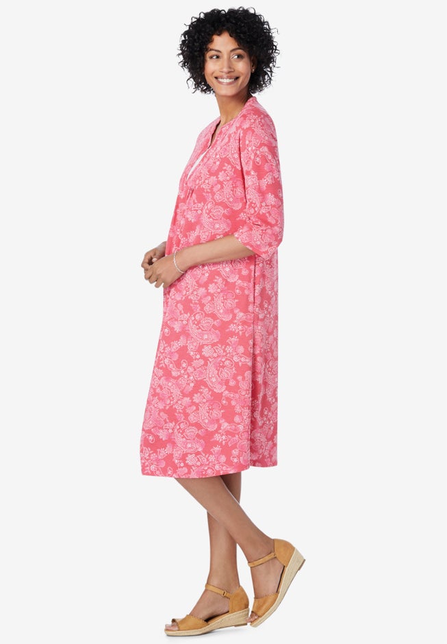 Pleat-Front Tunic Dress With Three-Quarter Sleeves image number null