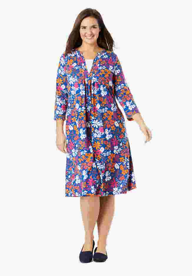 Pleat-Front Tunic Dress With Three-Quarter Sleeves image number 0