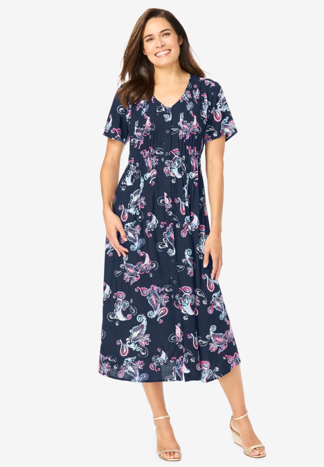 Short-Sleeve Button-Front Dress image number null