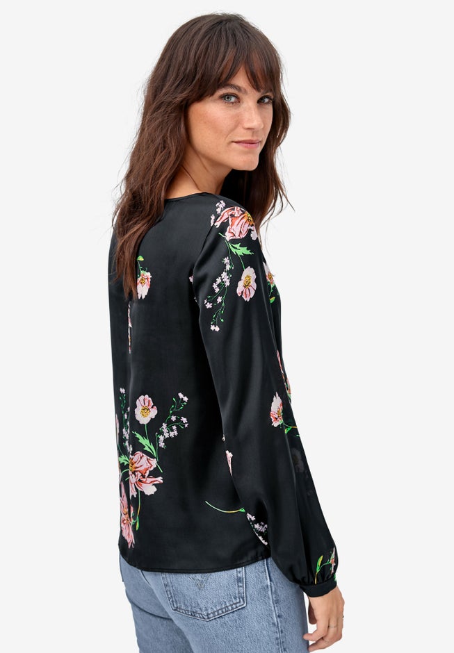 Blouson-Sleeve Satin Blouse image number null