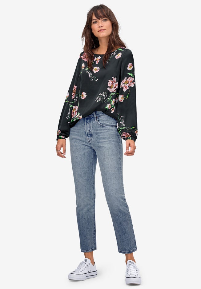 Blouson-Sleeve Satin Blouse image number null