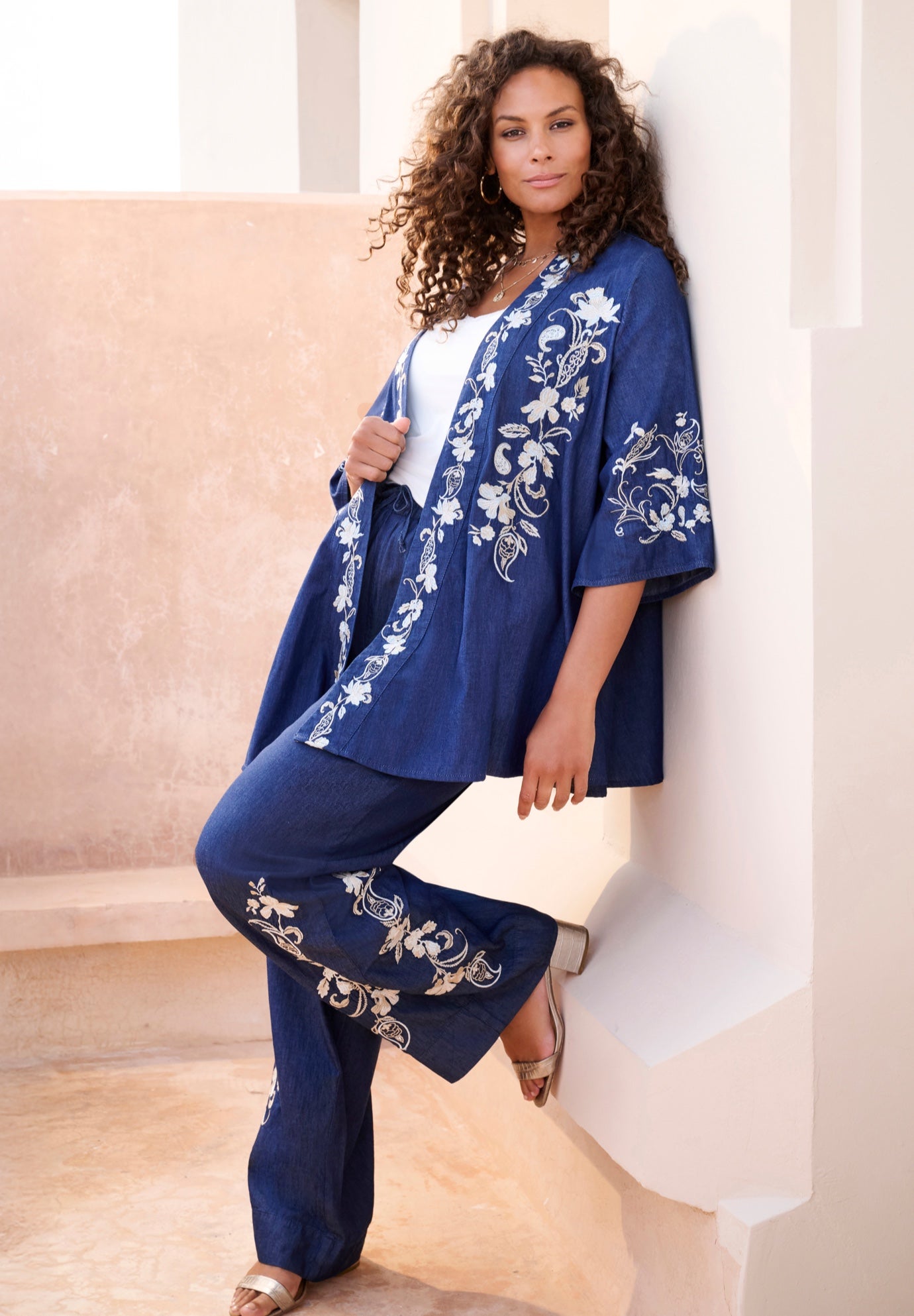 Plus Size Chambray Embroidered Kimono image number 0