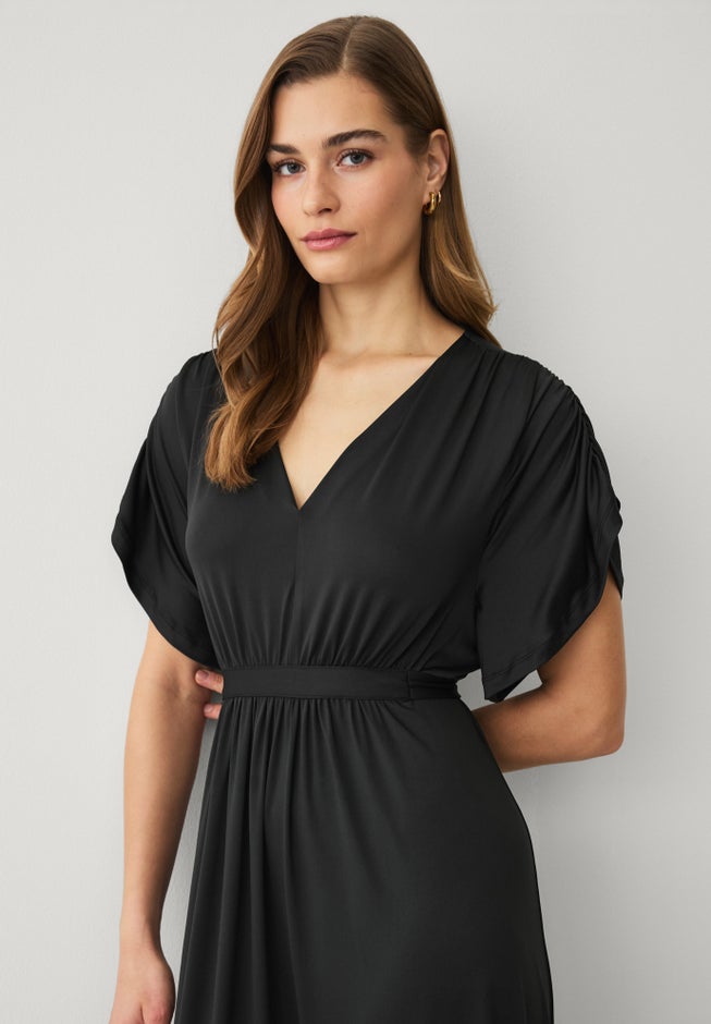 Stretch Knit Fit And Flare Elbow-Length Sleeve Tie-Back Maxi Dress image number 2