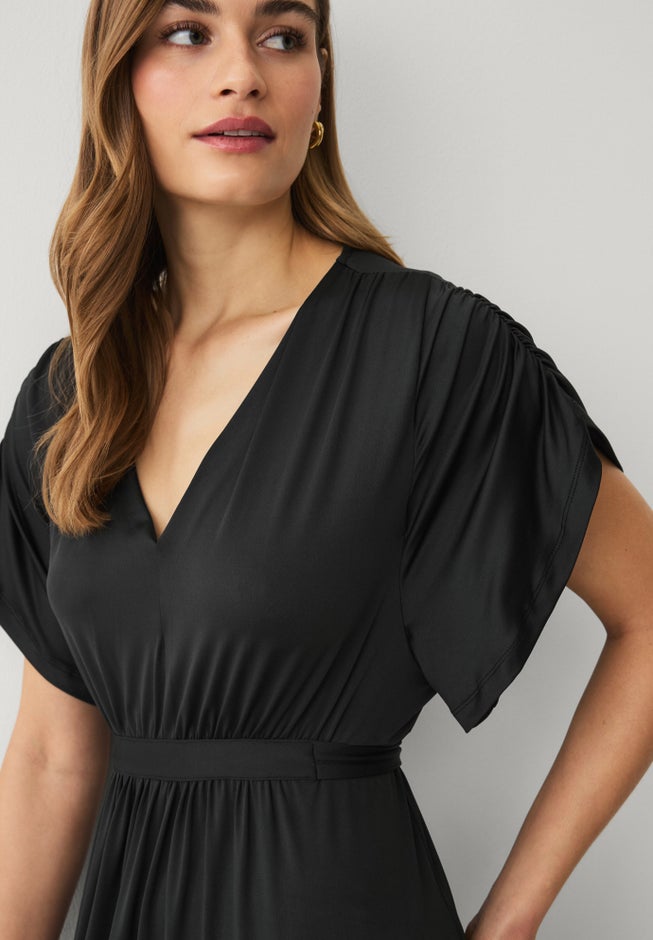 Stretch Knit Fit And Flare Elbow-Length Sleeve Tie-Back Maxi Dress image number 3