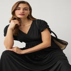 Stretch Knit Fit And Flare Elbow-Length Sleeve Tie-Back Maxi Dress image number 5
