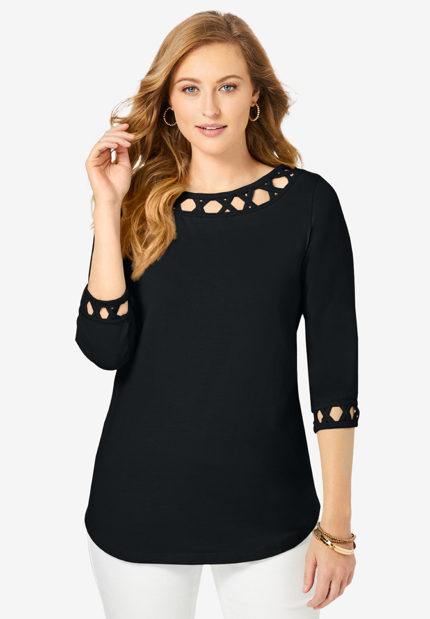 Stretch Cotton Lattice Boatneck Tunic image number 0