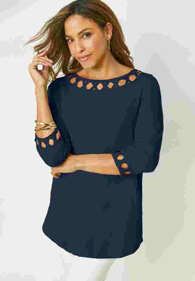 Stretch Cotton Lattice Boatneck Tunic image number 0