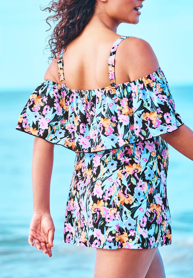 Off-The-Shoulder Flounce Swim Dress image number 1