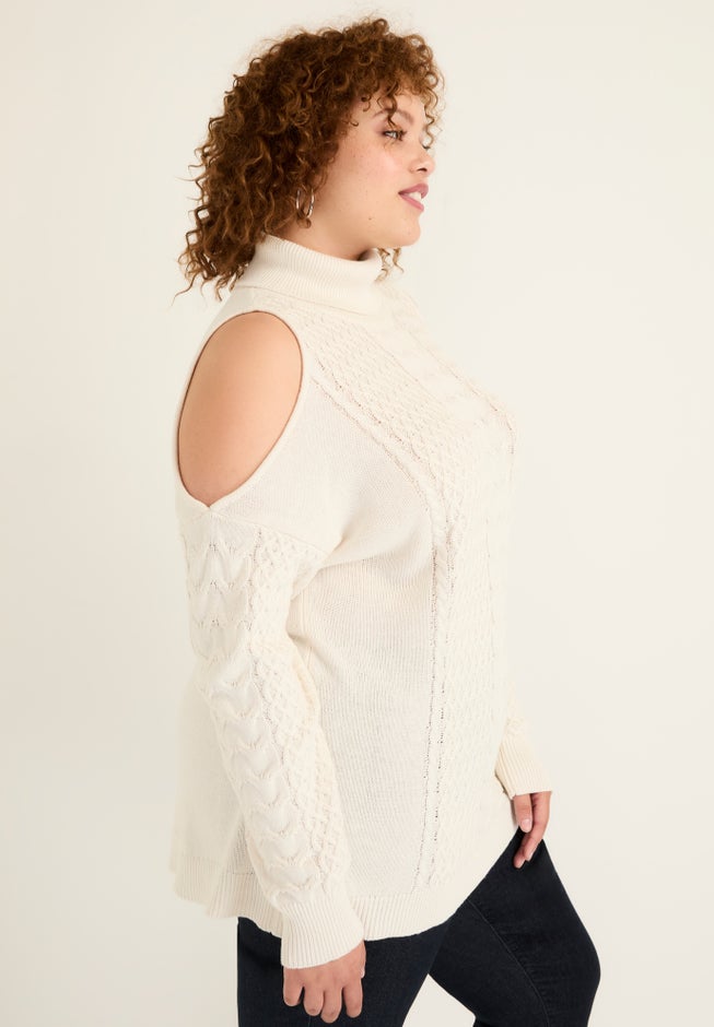 Cold-Shoulder Cable-Knit Turtleneck image number 2