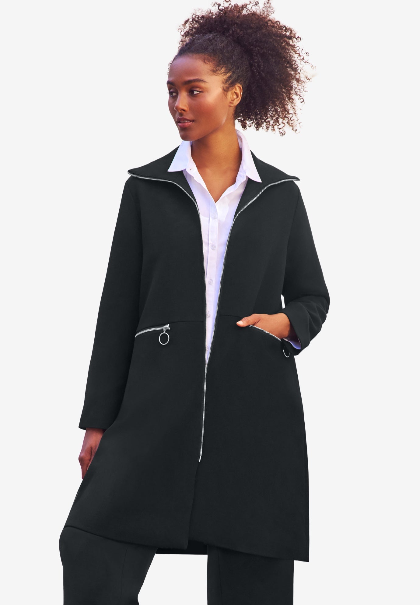 Stretch Crepe Zip Front A Line Back Pleat Coat image number 0