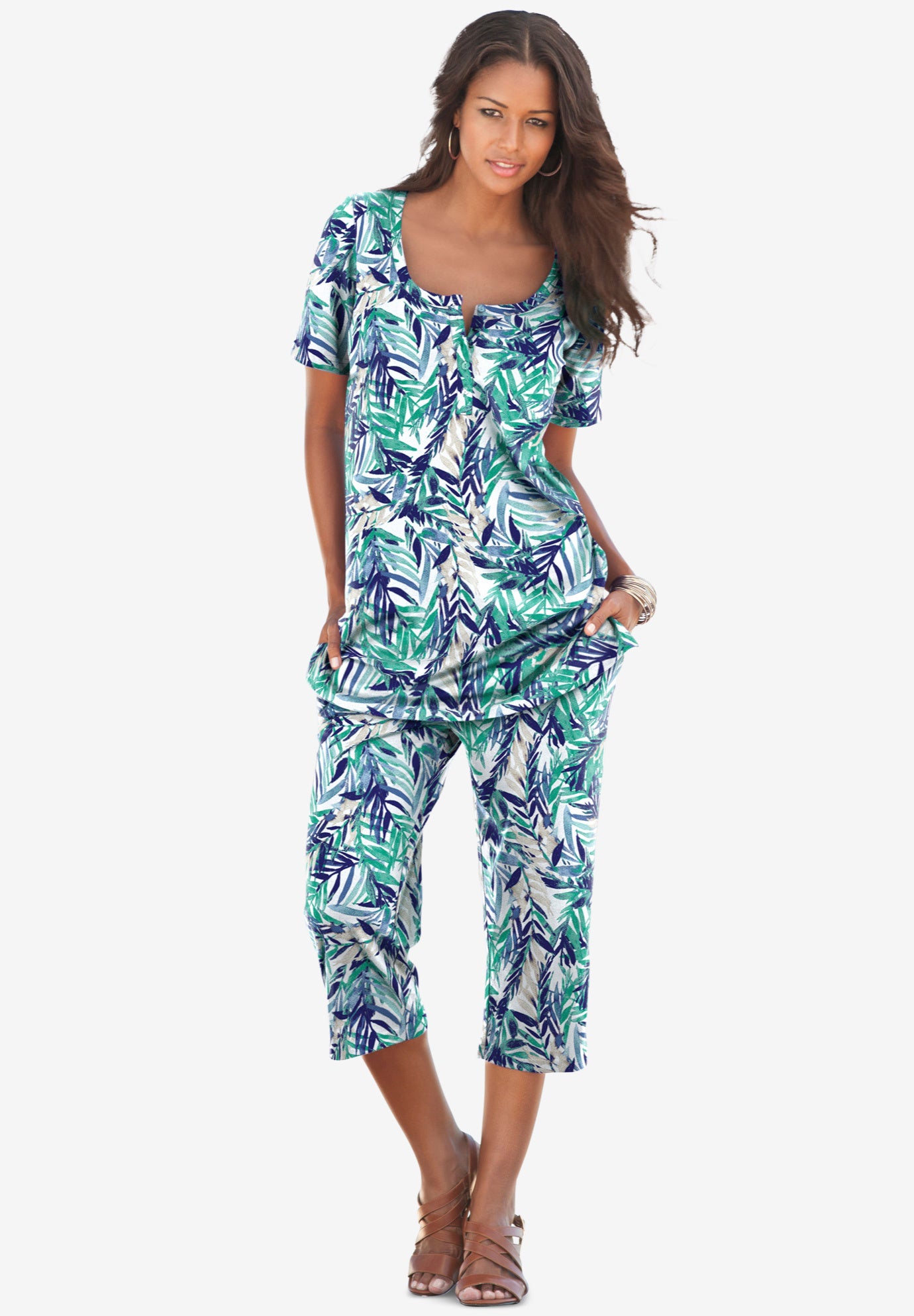 Plus Size 2-Piece Printed Henley Top and Capri Set image number 0